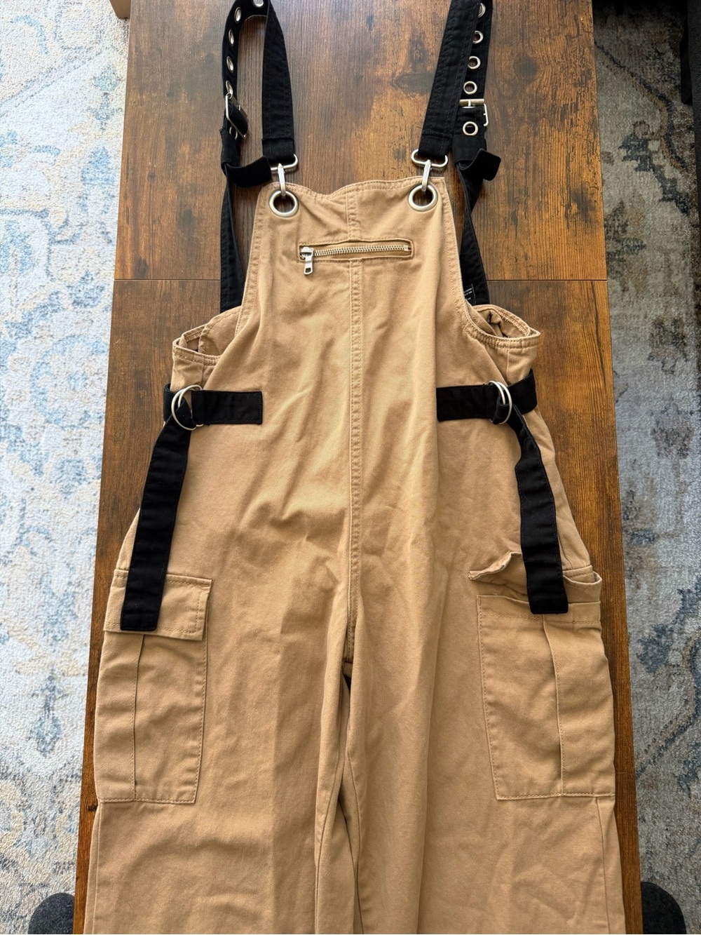 Forever 21 Tan Cargo Overalls with Black Straps